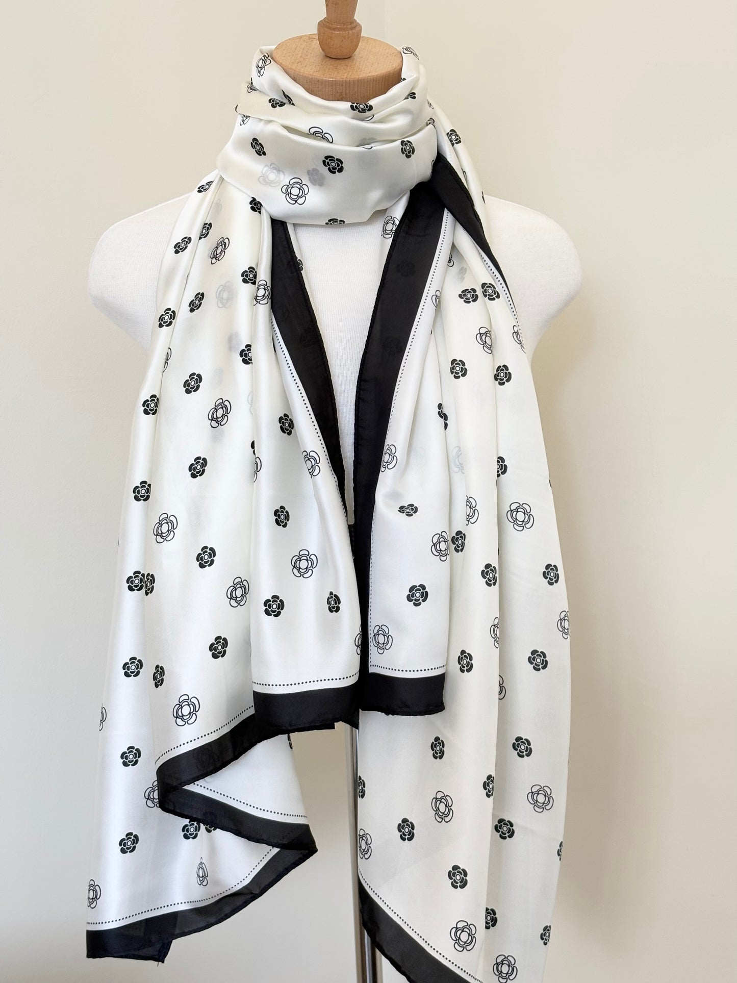 Black and White Floral Silk Scarf