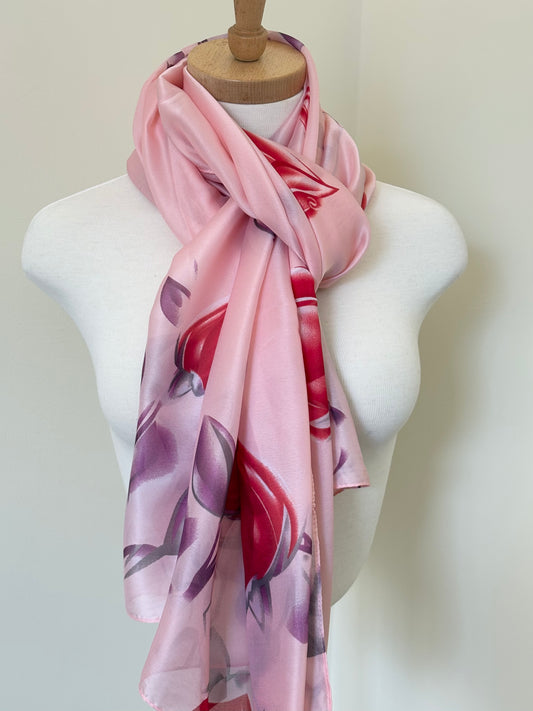 Pink with Red Flowers Silk Scarf
