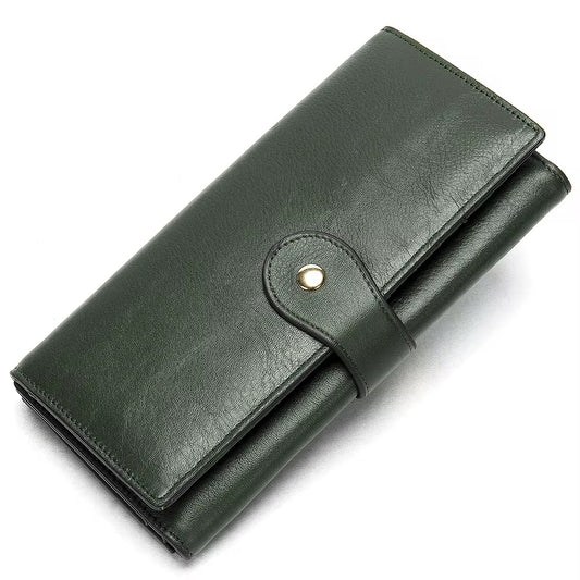 Genuine Leather Army Green Long Wallet