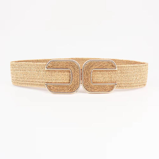 Beige Elastic Straw Waist Belt with Gold Buckle