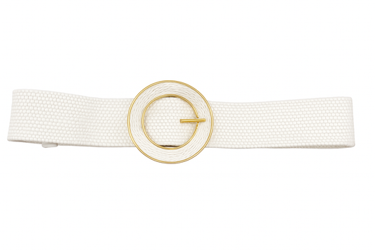Elastic White Straw Belt with Beige and Gold Round Buckle