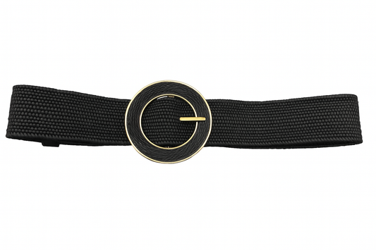 Elastic Black Straw Belt with Beige and Gold Round Buckle