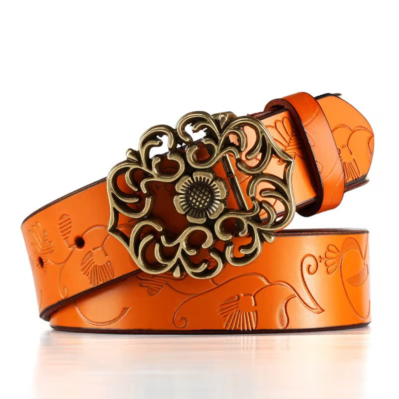Genuine Leather Yellow Belt with Vintage Gold Buckle