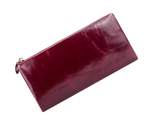 Genuine Leather Red Glossy Long Wallet