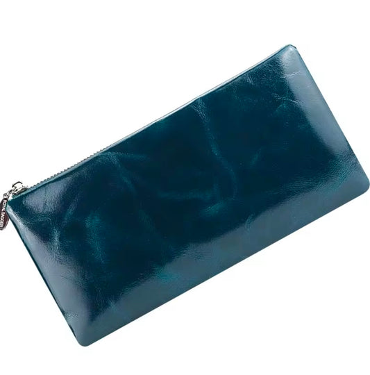 Genuine Leather Blue Glossy Long Wallet