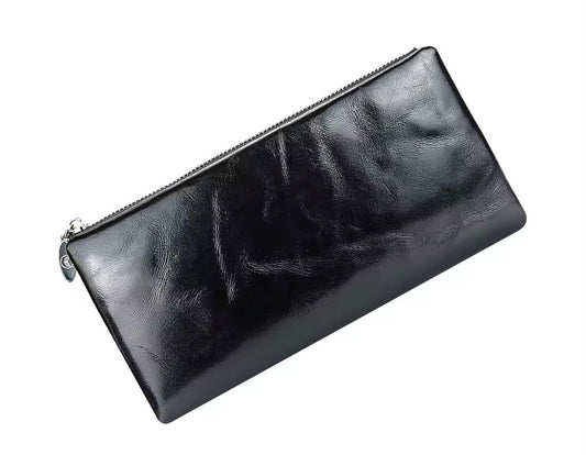 Genuine Leather Black Glossy Long Wallet