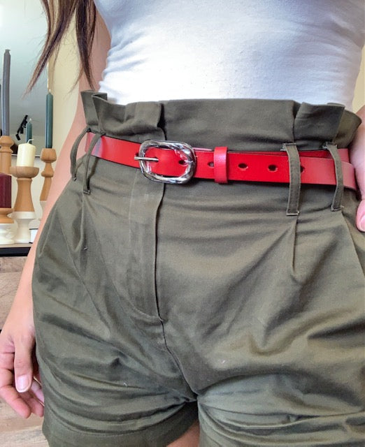 Genuine Leather Red Belt with Black Buckle
