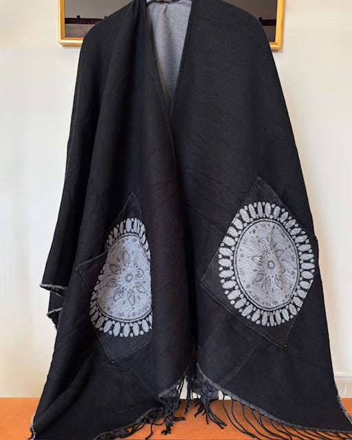 Black Wool Poncho with Pockets