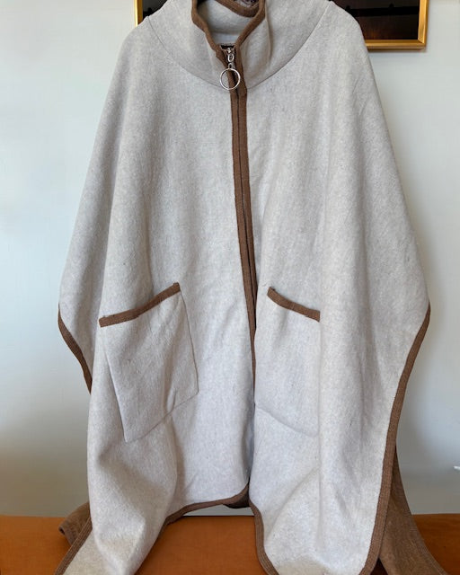 Beige Wool Cape with High Collar