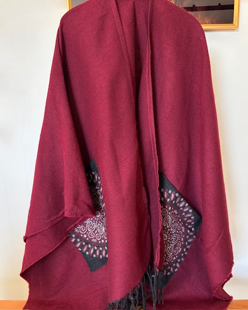 Red Wool Poncho with Pockets