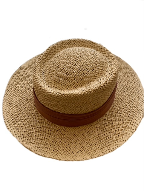 Light Beige Straw Hat with Pink Ribbon