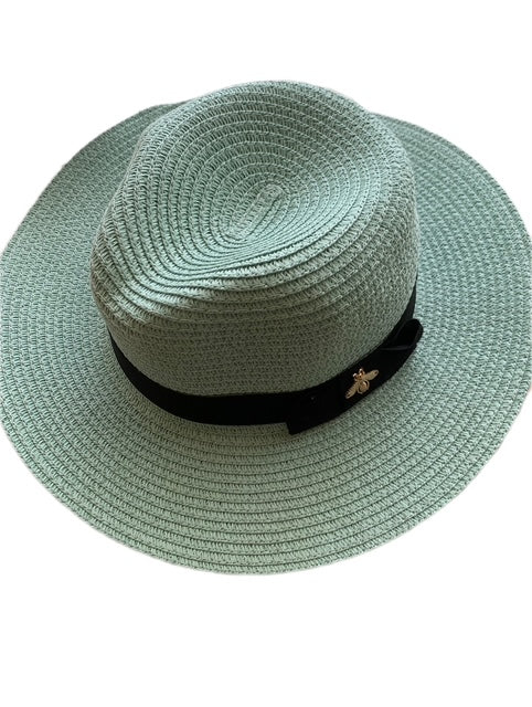 Mint Straw Hat with Bee ribbon