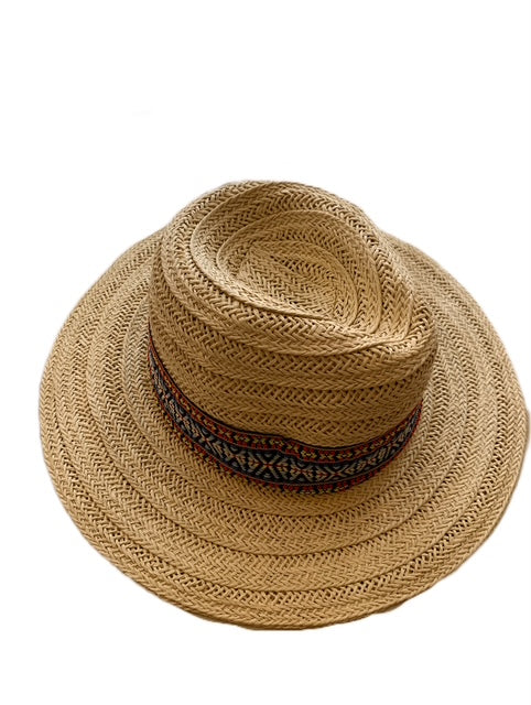 Light Beige Straw Hat with Red and Navy Ribbon