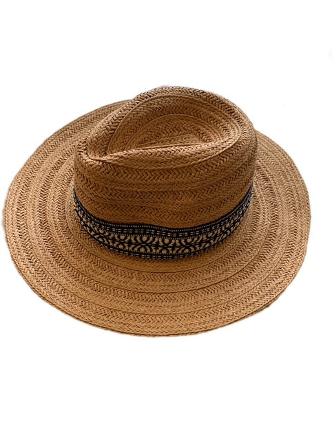 Dark Beige Straw Hat with Navy Ribbon