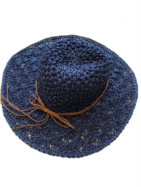 Navy Soft Straw Hat with Brown Daim Rope