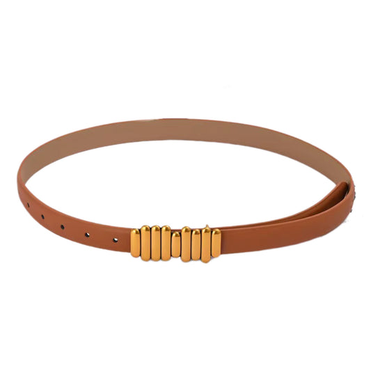 Genuine Leather Camel Belt with Vintage Gold Buckle